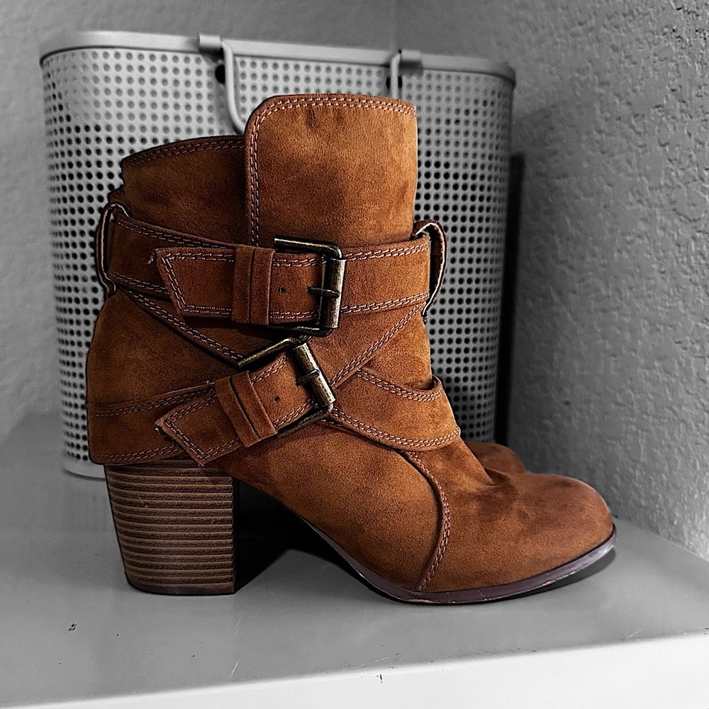American Eagle Faux Suede Ankle Buckle Heeled Booties